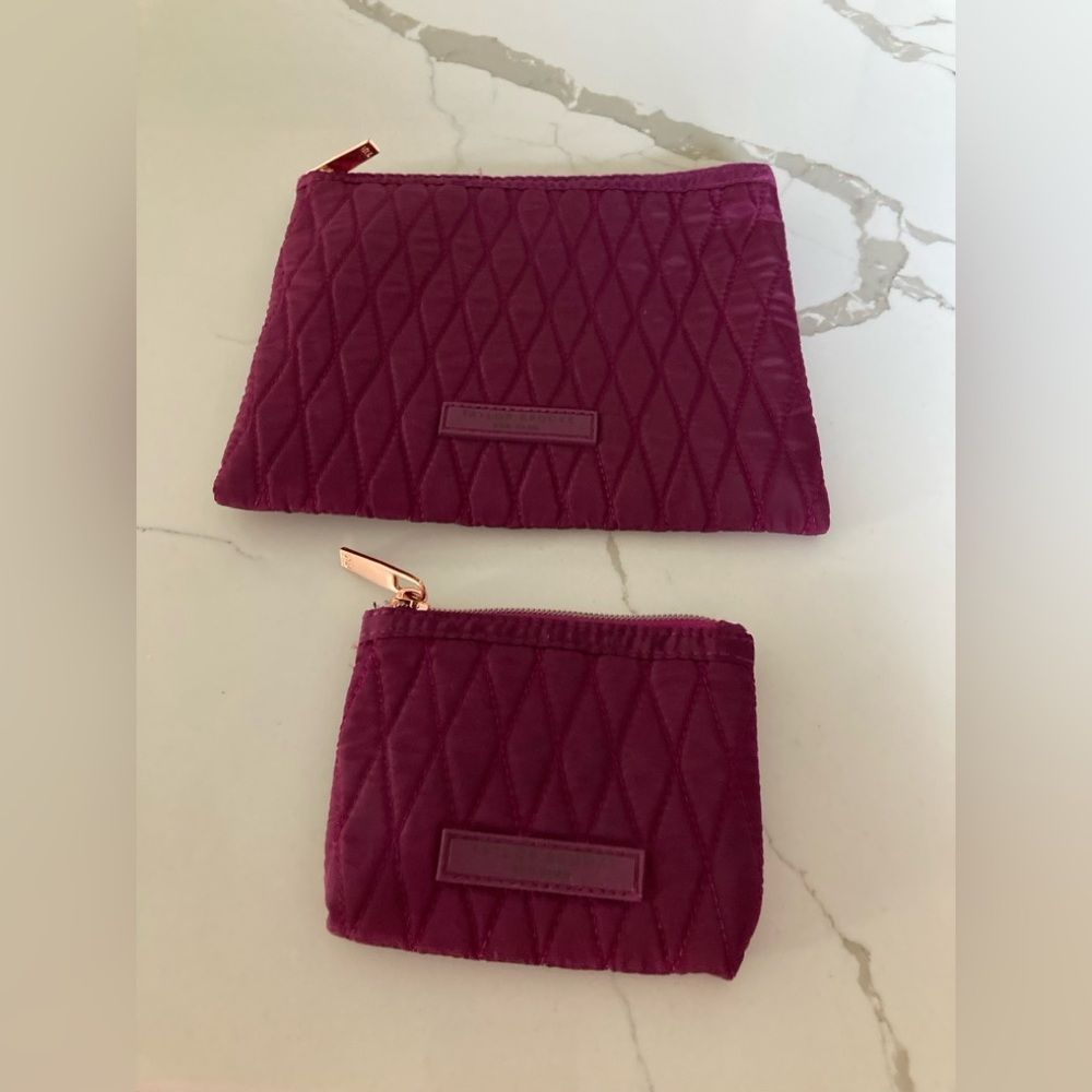 Taylor Brooke purple maroon set of 2 quilted rose gold zip cosmetic makeup bags